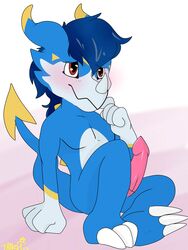 1boy 2017 animal_genitalia animal_penis besttrashking blue_hair blush claws digimon dragon erection hair hi_res lizard male male_only nude original_character penis red_eyes reptile scalie simple_background solo toe_claws veemon yami_the_veemon