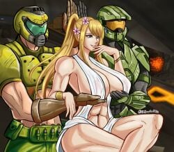 1girls 2boys abs big_breasts blonde_hair breast_hold breast_support breasts comedy crossover doom doom_slayer_(doom) eastern_and_western_character edit edited eljarochofeliz female female_focus finger_to_face fit_female halo_(game) halo_(series) hands_under_breasts holding_breast holding_up_breasts huge_breasts human male male_human male_spartan_(halo) master_chief meme metroid muscles muscular muscular_female muscular_male parody pose power_armor record_of_ragnarok samus_aran servants_holding_aphrodite's_breasts_(meme) shuumatsu_no_valkyrie smile spartan_(halo) spartan_ii_(halo) voluptuous