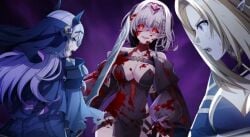 3girls alpha_(the_eminence_in_shadow) beta_(the_eminence_in_shadow) blood blood_on_clothes blood_on_face corruption crying crying_with_eyes_open demon_girl elf kage_no_jitsuryokusha_ni_naritakute! multiple_girls pointy_ears smile tears the_eminence_in_shadow victoria_(the_eminence_in_shadow) yandere