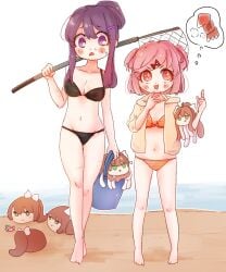 beach bikini breasts ddlc_kuriko doki_doki_literature_club female female_only ituu_kiriko monika_(doki_doki_literature_club) natsuki_(doki_doki_literature_club) pink_eyes pink_hair purple_eyes purple_hair sand swimwear water yuri_(doki_doki_literature_club)