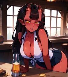 ai_generated cleavage dark_hair demon_girl demon_horns freckles hand_between_legs jhonensteele large_breasts leaning_forward meru_(merunyaa) miniskirt pointy_ears red_skin tavern yellow_eyes