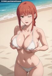 ai_generated aindroidparanoid beach big_breasts bikini braid chainsaw_man covered_nipples female female_only huge_ass huge_breasts huge_butt large_ass large_breasts large_butt makima_(chainsaw_man) narrow_waist outdoors red_hair sand slim_waist squeezing squeezing_breast stable_diffusion standing yellow_eyes young