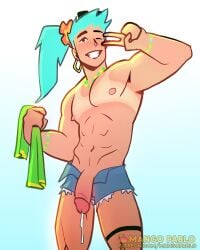 1boy 1male blue_hair bracelet bracelets brazil brazilian brazilian_male brazilian_miku collar dripping dripping_cum dripping_penis dripping_precum dripping_semen earring fully_retracted_foreskin genderbent genderswap_(ftm) hatsune_miku holding holding_cloth holding_object leaking leaking_cum leaking_penis leaking_precum male_only male_ponytail mango_pablo muscular muscular_male one_eye_closed peace_sign penis penis_out ponytail ponytail_(hair) ponytail_hair ponytail_male pull_out pulled_out rule_63 solo solo_male standing tan tan_skin tanline tanlines tanned tanned_body tanned_male tanned_man tanned_skin vocaloid winking winking_at_viewer