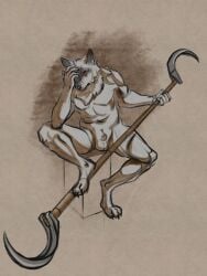 animal_genitalia anthro arm_on_knee arm_on_leg athletic balls bent_legs caffeinemutt canid canine canis casual_nudity cheek_tuft claws cube_(object) death_(puss_in_boots) dreamworks elbow_on_knee facial_markings facial_tuft fully_sheathed fur fuzzy genitals grey_body grey_fur hand_on_face hand_on_head head_markings hi_res holding_object holding_weapon looking_at_viewer male mammal markings mask_(marking) melee_weapon neck_tuft nude polearm pose puss_in_boots_(dreamworks) puss_in_boots_(film) puss_in_boots_the_last_wish ranged_weapon red_eyes sheath shrek_(series) sickle simple_background sitting solo staff tailless tan_background tasteful_nudity tuft weapon wolf