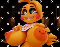 3d 3d_(artwork) 3d_model big_breasts breasts breasts_out five_nights_at_freddy's fnaf geodat64 pierced_nipples piercing revealing_breasts smile topless toy_chica_(fnaf)