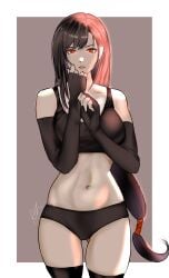 1girls arialla_draws black_clothing black_hair elbow_gloves female final_fantasy final_fantasy_vii long_hair looking_at_viewer navel pale_skin panties red_eyes solo tank_top thighhighs tifa_lockhart