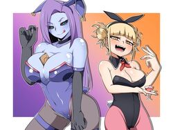 2girls animal_ears between_breasts big_breasts black_sclera blonde_hair blue_skin blunt_bangs blush breasts bunny_ears bunny_tail bunnysuit chitose_kizuki choker cleavage colored_sclera colored_skin detached_collar double_bun elbow_gloves fake_animal_ears female female_only fire_breath01 gloves hair_bun hair_ornament hairband half-closed_eyes himiko_toga large_breasts leotard licking_lips long_hair looking_at_viewer messy_hair multiple_girls my_hero_academia naughty_face older_female open_mouth outside_border pantyhose playboy_bunny purple_hair rabbit_ears rabbit_hair_ornament rabbit_tail smile thigh_strap thighs tongue tongue_out yellow_eyes younger_female