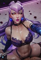 1girls ai_generated ass breasts dark-skinned_male evelynn female k/da_all_out_series k/da_series latex latex_gloves league_of_legends league_of_legends:_wild_rift male penis pornlandlord purple_hair