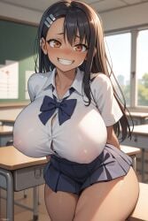 ai_generated alternate_breast_size arms_behind_back bangs black_hair blue_bow blue_skirt blush bow bowtie breasts brown_eyes button_gap classroom collared_shirt covered_nipples cute dark-skinned_female dark_skin desk female grin hair_ornament hairclip hayase_nagatoro huge_ass huge_breasts indoors juswa large_ass large_breasts long_hair looking_at_viewer nipples no_bra please_don't_bully_me,_nagatoro pleated_skirt school_desk school_uniform see-through shirt skirt smile solo thick_thighs thighs white_shirt window