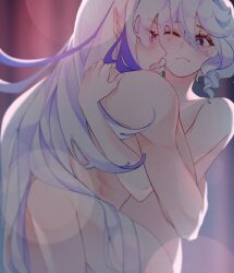 1boy 1girls arms_around_partner blue_eyes embrace female furina_(genshin_impact) genshin_impact hugging long_hair long_hair_male male male/female neuvillette_(genshin_impact) nude romantic sex straight