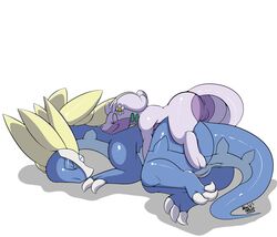 2015 anus ass aurorus claws closed_eyes duo female feral goodra kingbeast nintendo pokémon_(species) pokemon pokemon_(species) pokemon_xy pussy simple_background size_difference sleeping smile toe_claws video_games white_background yuri