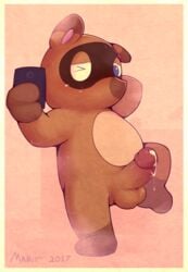 2017 animal_crossing blue_eyes blush cum erection fur humanoid_penis looking_at_viewer mabit male male_only mammal nintendo nude penis phone selfie simple_background solo spread_legs spreading tanuki testicles tom_nook