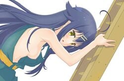 blue_hair blush breasts female garagevary hinako_note natsukawa_kuina nipples no_bra open_mouth simple_background small_breasts solo white_background yellow_eyes