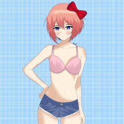 1girls bare_shoulders blue_eyes blush bow bra doki_doki_literature_club hairbow pink_bra plfannatsuki red_hair_bow red_hairbow sayori_(doki_doki_literature_club) shorts strawberry_blonde_hair