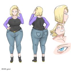 1girls android_18 ass back_view big_ass big_breasts big_butt blonde_female blonde_hair blonde_hair_female blue_eyes breasts dragon_ball dragon_ball_z earring female female_only front_view kaio_ghost light-skinned_female light_skin mature_female mature_woman milf solo solo_female solo_focus