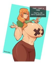 1girls alex_(minecraft) big_breasts green_eyes heath_grace_(mojo) minecraft mojo_(artist) orange_hair pants raised_shirt saucymojo tagme toned_female x_pasties