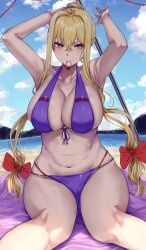 beach beach_umbrella bikini blonde_hair blue_sky breasts cleavage cloud cloudy_sky collarbone commentary_request day female hair_intakes hair_ribbon hair_tie hair_tie_in_mouth highres large_breasts long_hair mature_female milf mirufui mouth_hold navel ocean outdoors paid_reward_available purple_bikini red_ribbon ribbon sidelocks sitting skindentation sky sling_bikini_top solo stomach swimsuit touhou tying_hair umbrella yakumo_yukari yellow_eyes yukari_yakumo