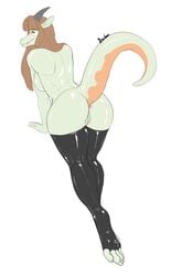 2016 anthro anus ass back_boob bourbon._(artist) breasts clothing dragon female horn leaning leaning_forward legwear looking_back pussy raised_tail rear_view scalie simple_background smile solo stockings white_background