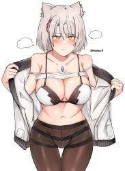 1girls absurd_res bare_shoulders black_legwear black_tights bra breasts cat_ears catgirl core_crystal female highres jacket jacket_open large_breasts legwear meidza_d midriff mio_(xenoblade) neko nintendo short_hair silver_hair tank_top tank_top_lift thick_thighs thighs tights undressing white_bra wide_hips xenoblade_(series) xenoblade_chronicles_3 yellow_eyes