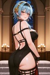 ai_generated ass ass_focus clothing cosplay dress eula_(genshin_impact) genshin_impact huge_ass looking_at_viewer medium_breasts night_dress shiny_skin stockings sweat thick_thighs tight_clothing yor_briar_(cosplay)