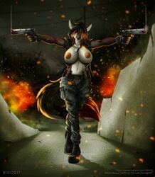 anthro areola big_breasts breasts clothed clothing erect_nipples female flashing gun gunslinger huge_breasts llmixll nipples open_shirt ranged_weapon tena_teardrop weapon