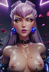 1girls ai_generated ass breasts dark-skinned_male evelynn female k/da_all_out_series k/da_series latex latex_gloves league_of_legends league_of_legends:_wild_rift male penis pornlandlord purple_hair