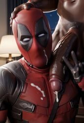 ai_generated cum_on_face dark-skinned_male deadpool gay interracial male_only marvel peace_sign superherosuckerrr wade_wilson