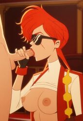 1boy 1girls ai_generated blowjob exposed_breasts fellatio holding jacket long_hair motorcity nipples no.2_(motorcity) oral penis red_hair scar scar_across_eye scar_on_face sunglasses tinted_eyewear