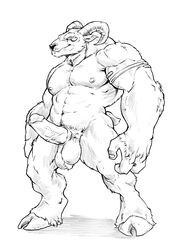 2018 3_fingers abs anthro back_muscles badcoyote ball_tuft balls biceps big_arms big_balls big_muscles big_penis black_and_white black_sclera caprine erection eye_matkings facial_markings front_view fur hair hooves horn huge_muscles humanoid_penis looking_at_viewer male male_only mammal markings monochrome muscular muscular_male nipples pecs penis pinup pose presenting presenting_penis pubic quads simple_background smile solo standing triceps vein veiny_penis