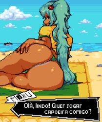 ass ass_focus baldur_89 beach big_ass bikini brazil brazilian brazilian_female brazilian_miku dialogue flirting flower green_eyes green_hair hatsune_miku looking_at_viewer looking_back lying lying_on_side pixel_art ponytail rose sea seaside vocaloid