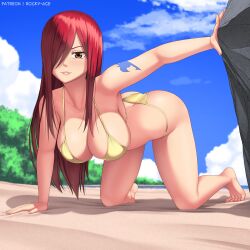 1girls all_fours arched_back arm_tattoo ass ass_focus barefoot beach bent_over big_breasts bikini bikini_bottom bikini_top blue_tattoo brown_eyes bubble_ass bubble_butt busty cleavage dat_ass erza_scarlet fairy_tail fairy_tail_mark feet female female_focus female_only g-string gold_bikini gold_bikini_bottom gold_bikini_top gold_panties gold_swimsuit gold_thong golden_bikini golden_bikini_bottom golden_bikini_top golden_panties golden_swimsuit golden_thong hi_res high_resolution highres large_breasts light-skinned_female light_skin lips lipstick long_hair looking_at_viewer makeup ocean on_all_fours pale-skinned_female pale_skin panties parted_lips pink_lips pink_lipstick red_hair rocky-ace sideboob smile smiling smiling_at_viewer solo solo_female solo_focus swimsuit tattoo tattoo_on_arm tattooed_arm thick_thighs thighs thong tiptoes toes very_high_resolution very_long_hair voluptuous voluptuous_female yellow_bikini yellow_bikini_bottom yellow_bikini_top yellow_panties yellow_swimsuit yellow_thong