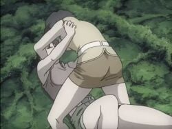 2girls anime_screencap ass breasts catfight fight haruka_shitow kim_hotal legs miniskirt rahxephon revealing_clothes screencap shitow_haruka short_hair sleeveless struggling thighs wrestling