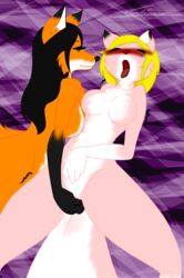 black_fur black_hair blonde_hair blush breasts canine closed_eyes duo female fur green_eyes hair hybrid lila_fox mammal nude orange_fur pink_fur psycoticsnake roketchu spreading tongue tongue_out white_fur wolf yuri