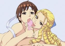 2girls double_fellatio female karin_kanzuki licking_penis nemo_(artist) sakura_kasugano street_fighter street_fighter_alpha younger_female