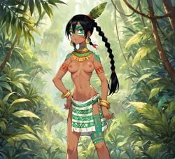 1girls ai_generated anzatiridonia black_hair breasts dark-skinned_female dark_skin demigoddess ixiza jungle jungle_girl loincloth mayan mayan_mythology midriff nipples nude_female request topless tribal