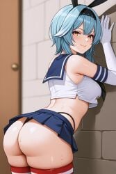 ai_generated ass ass_focus clothing cosplay eula_(genshin_impact) genshin_impact huge_ass looking_at_viewer miniskirt shimakaze_(kantai_collection)_(cosplay) shiny_skin stockings sweat thick_thighs tight_clothing