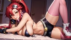 1girls ai_generated belly_button bikini_top blush boots giant_breasts gloves hanging_breasts laying_on_side legs_apart long_hair looking_at_viewer pink_leggings ponytail red_hair scarf shorts skull_hair_ornament slim_waist tengen_toppa_gurren_lagann thick_thighs yoko_littner