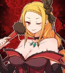 bare_shoulders beautiful_female big_breasts braided_hair holding_object orange_hair priscilla_barielle re:zero_kara_hajimeru_isekai_seikatsu red_eyes red_hair revealing_clothes royal seductive_look solo solo_female voluptuous_female winking_at_viewer