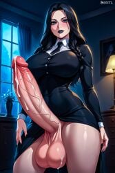 1futa ai_generated black_clothing black_hair black_lipstick dripping_cum erect_penis erection futa_only futa_sans_pussy futanari goth goth_futa hi_res huge_balls huge_breasts huge_cock light-skinned_futanari light_skin long_hair marrielobste self_upload the_addams_family thick_thighs wednesday_addams