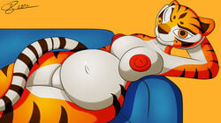 anthro areola belly big_belly big_breasts breasts dreamworks feline female fur huge_breasts huge_thighs inverted_nipples j5furry kung_fu_panda looking_at_viewer mammal master_tigress nipples obese overweight penetration pregnant ready_to_pop smile solo tiger