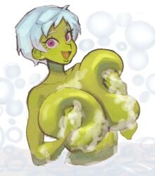 alien alien_girl cheelai dragon_ball dragon_ball_super eduedude green_skin large_breasts nude nude_female soap_bubbles soapy_breasts white_background