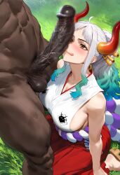 ai_generated dark-skinned_male dick_on_face dick_rubbing dick_slap female horns interracial licking_lips male mikayori on_knees one_piece penis_on_face smegma tongue_out yamato_(one_piece)