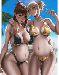 2girls absurd_res absurdres bandage bandages bangs bare_arms bare_breasts bare_skin bare_thighs beach belly big_belly big_breasts bikini bikini_bottom bikini_top black_bikini black_bikini_bottom black_bikini_top black_clothes black_clothing black_panties black_underwear blonde_female blonde_hair bra breasts brown_eyes brown_hair busty child_bearing_hips cleavage clothed_female cute_face dandon_fuga double_pregnancy female female_focus female_only gold_clothing golden_bikini hand_on_waist high_resolution highres himiko_toga hips large_belly large_breasts large_filesize light-skinned_female light_skin looking_at_viewer multiple_pregnancies my_hero_academia navel ochako_uraraka palm_tree panties peace_sign ponytail pregnant pregnant_belly pregnant_female pussy round_belly short_hair short_ponytail shoulder_length_hair slim_girl slim_waist standing thick_thighs thighs toned_arms toned_body toned_female tropical underwear v v_sign very_high_resolution yellow_eyes