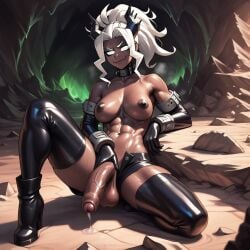 abs ai_generated collar demon demon_girl foreskin futanari helltaker horns judgement_(helltaker) latex leaking_precum muscular muscular_futanari penis shorts tail thighhighs uncut