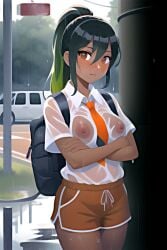 1girls ai_generated backpack black_hair breasts brown_eyes clothed clothed_female crossed_arms female female_only freckles freckles_on_face gradient_hair green_eyes jfxjxf long_hair looking_at_viewer medium_breasts necktie nemona_(pokemon) nipples no_bra outdoors ponytail public rain raining school_uniform schoolgirl schoolgirl_uniform shirt shorts solo solo_focus standing tan-skinned_female tan_body tan_skin tie transparent_clothing transparent_shirt two_tone_hair wet wet_body wet_clothes wet_clothing wet_shirt wet_skin