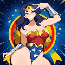 ai_generated amazon amazonian big_breasts dc dc_comics diana_prince female grin mullon muscular_female novelai peace_sign smile solo superheroine wonder_woman wonder_woman_(series)