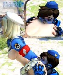 2girls 3d alternate_costume anilingus areolae ass beret beweirduntilvalhalla blizzard_entertainment breasts cadet_oxton combat_medic_ziegler eichenwalde_(map) female female_only from_behind garrison_cap mercy nipples oral overwatch rimming tracer yuri