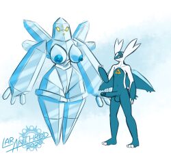 2020 anthro areola artist_name balls blue_areola blue_body blue_nipples blue_penis blue_text breasts claws closed_smile digital_media_(artwork) duo english_text female finger_claws generation_3_pokemon genitals glans lar_(latiar) latiar latios legendary_pokemon male mouth_closed nintendo nipples number penis pokemon pokemon_(species) pupils red_eyes regice simple_background smile standing text white_sclera wings