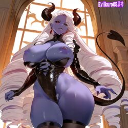 ai_generated black_sclera curvaceous curvy_female demon demon_girl demon_horns demon_tail evilkuro05 massive_breasts original_character purple_skin red_eyes sharp_claws sharp_teeth thick_hips thick_legs thick_thighs very_long_hair voluptuous_female white_hair wide_hips