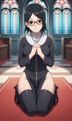 ai_generated barefoot bigmic145 black_eyes black_hair boruto:_naruto_next_generations breasts clothed clothed_female clothing female female_only glasses high_heels medium_breasts naruto naruto_(series) nun sarada_uchiha solo solo_female thighhighs